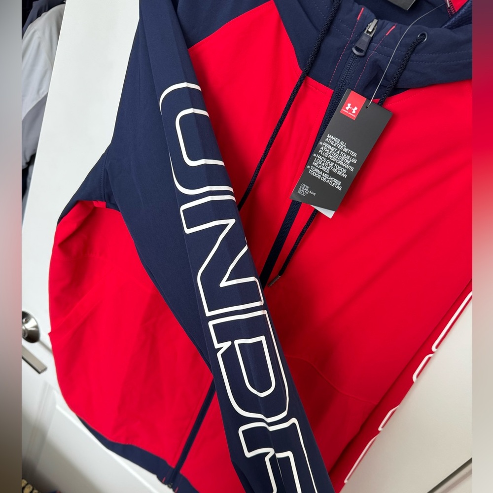 Under Armour Full Zip Hoodie Red Navy Logo Sleeves Men’s XL NWT - Picture 5 of 12